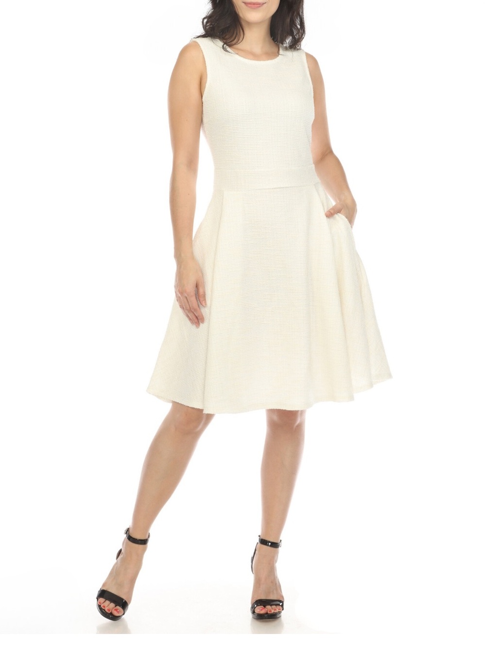 NWT White Mark 2XL Ivory Tweed Fit & Flare Dress Pockets